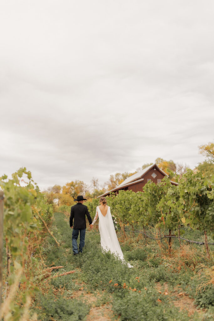 Bride and Groom walk through the vineyards after their wedding ceremony at Mt. Naomi Vineyards.