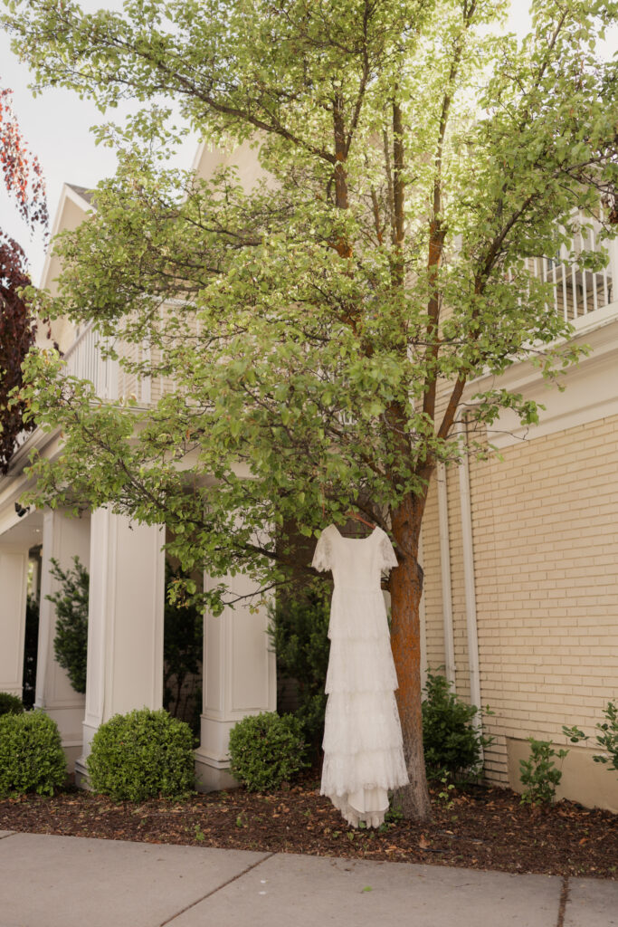 Dress hanging in the trees outside of the venue, taken by Utah wedding photographer Robin Kunzler