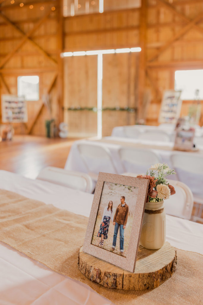 Framed photo of bride and groom set up on the wedding reception table, shot by Utah wedding photographer Robin Kunzler